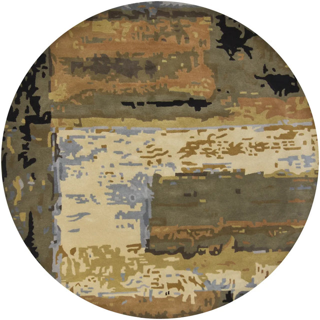 Chandra Nirvana NIR-6603 Blue and Beige and Brown and Green and Black round rug, flat view