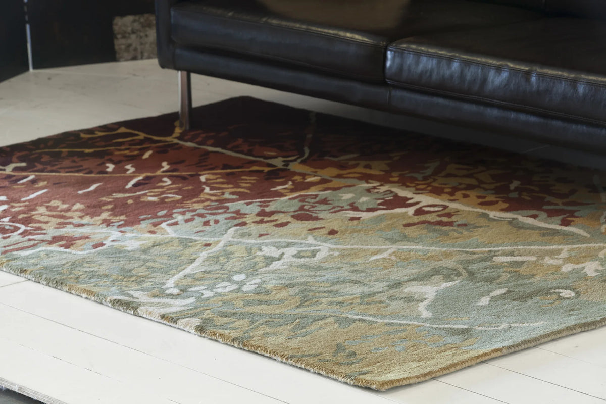 Chandra Nirvana NIR-6604 Green and Red and Burgundy and Brown rug, corner detail