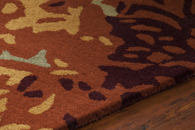 Chandra Nirvana NIR-6604 Green and Red and Burgundy and Brown rug, side detail view
