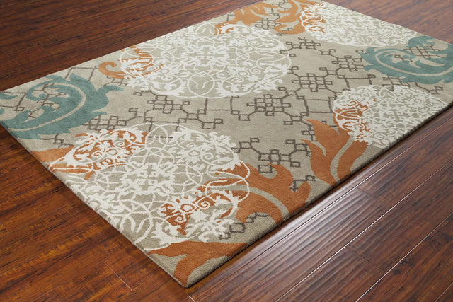 Chandra Stella STE-52207 Tan and Cream and Brown and Orange and Blue rug, styled detail view