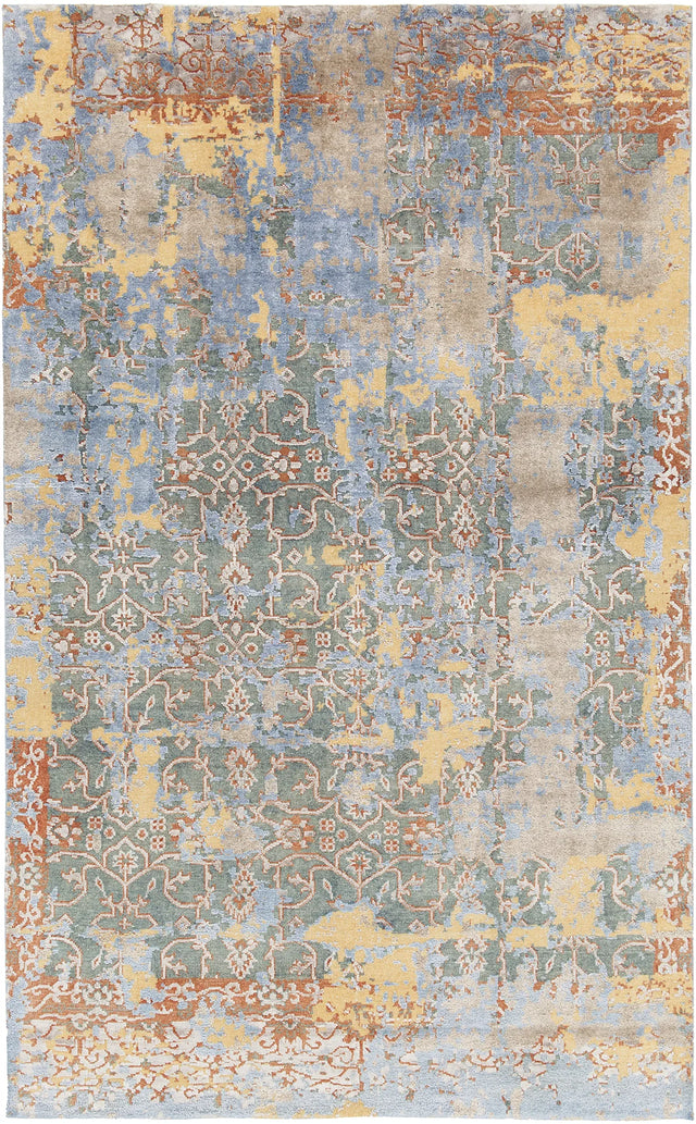 Chandra Vingel VIN-36803 blue and brown and gold and grey rug, flat view