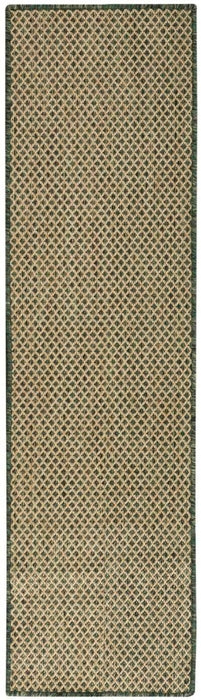 Green runner rug with repeating diamond lattice pattern and narrow border trim
