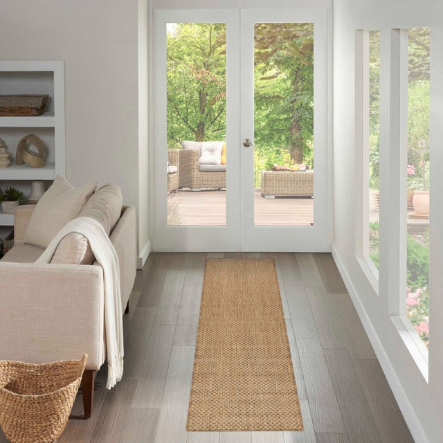 Tan jute runner rug with textured diamond lattice weave
