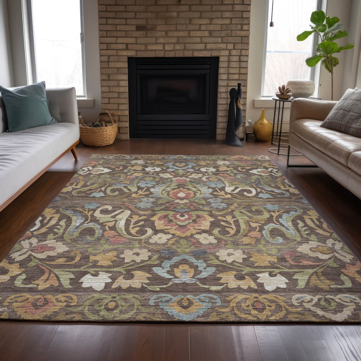 Addison Chantille ACN2193 Floral Machine Made Transitional Chocolate Rug