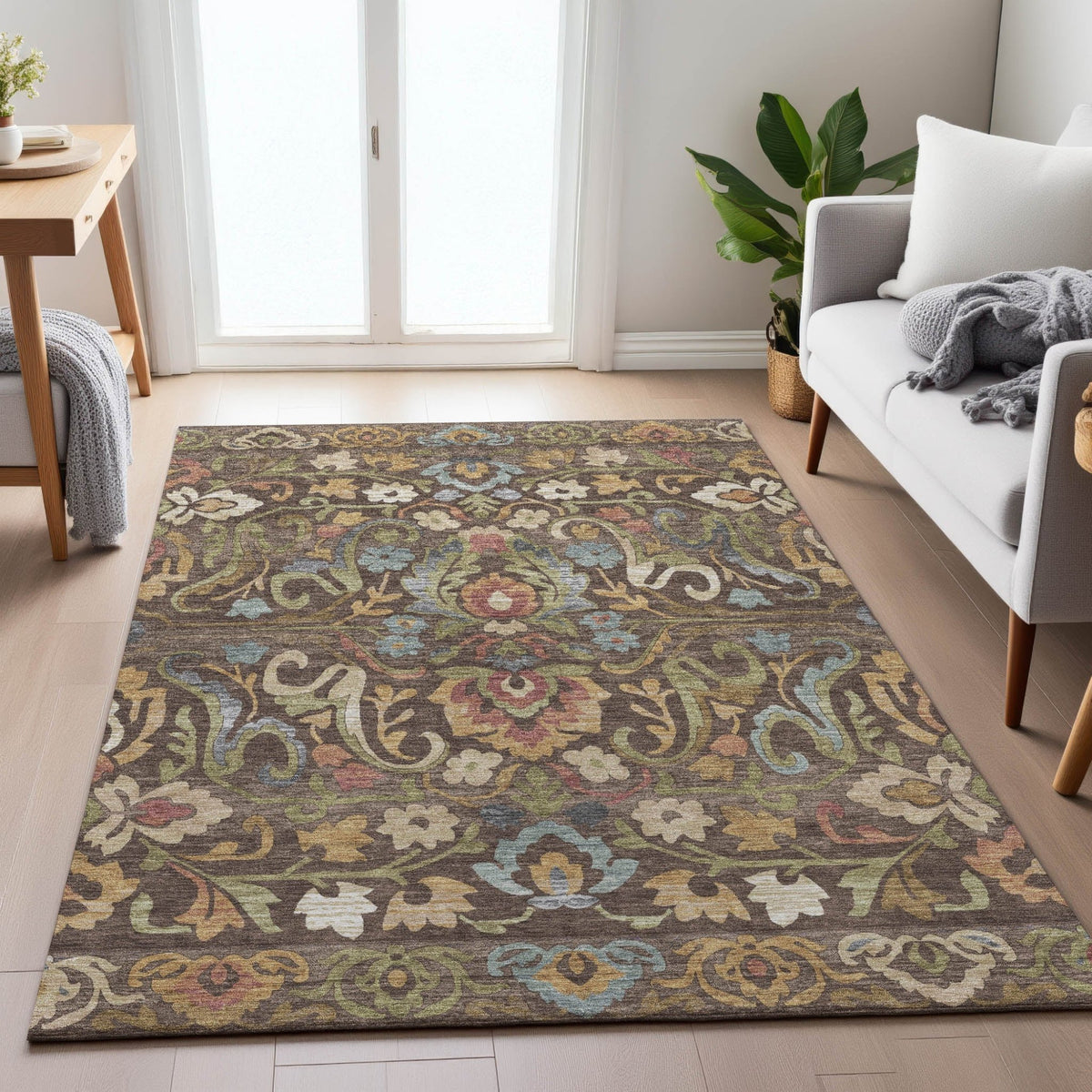 Addison Chantille ACN2193 Floral Machine Made Transitional Chocolate Rug