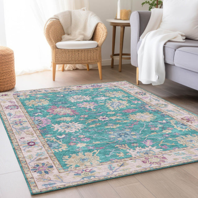 Dalyn Hatay HY7 Teal Rug shown in a room