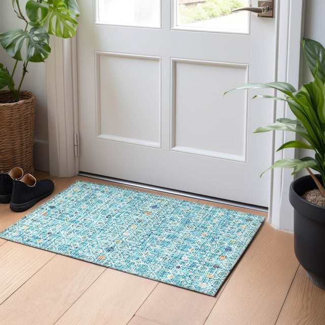 Dalyn Portico PO4 Teal Rug shown in a room