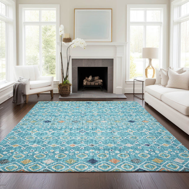 Dalyn Portico PO4 Teal Rug shown in a room