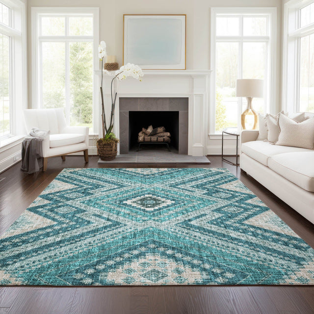 Dalyn Portico PO5 Teal Rug shown in a room