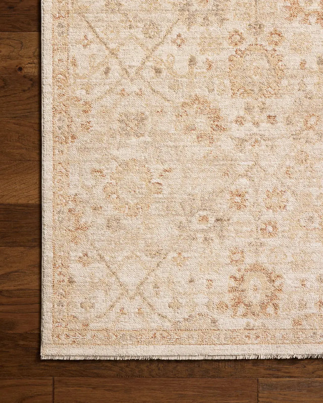 Chris Loves Julia x Loloi Palma PLM-04 Natural / Spice Rug - corner on wood