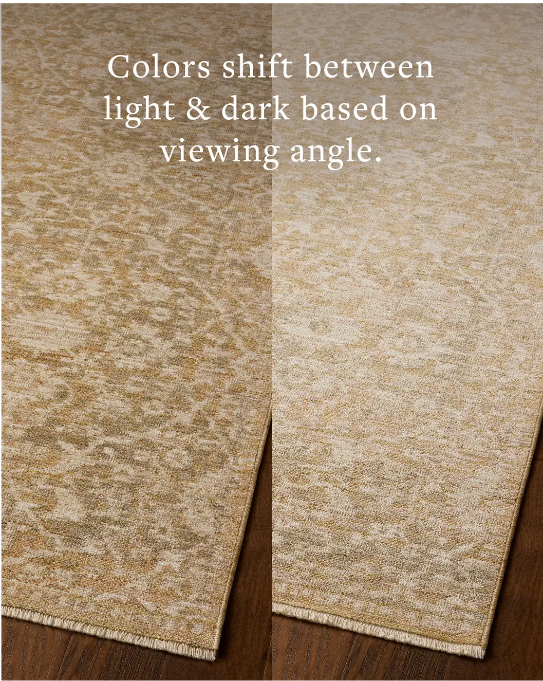 Loloi Elora ELR-06 Traditional Power Loomed Gold Natural Rug - angled corner on wood