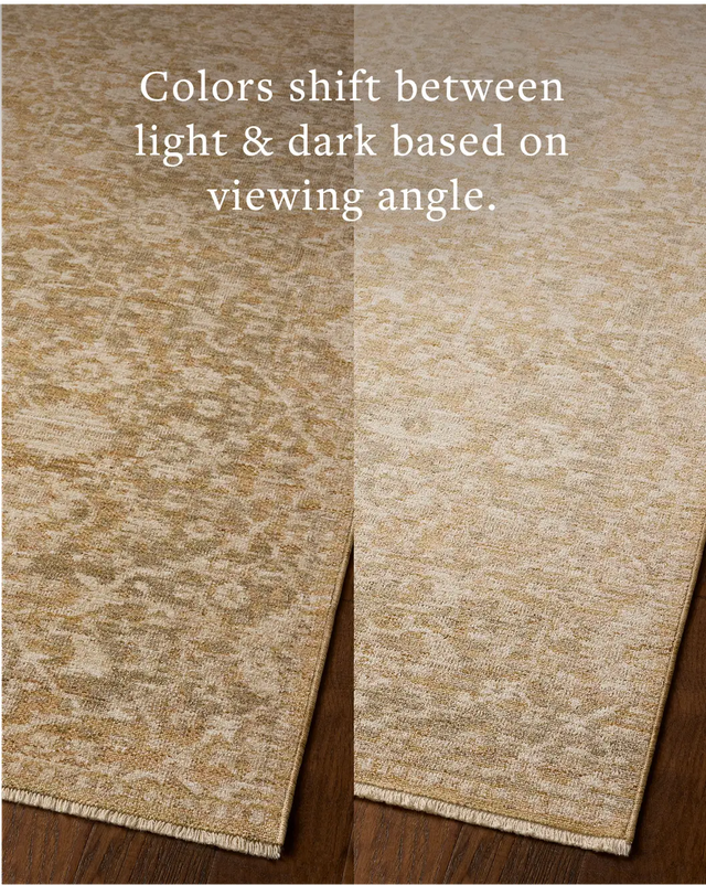 Loloi Elora ELR-06 Traditional Power Loomed Gold Natural Rug - angled corner on wood