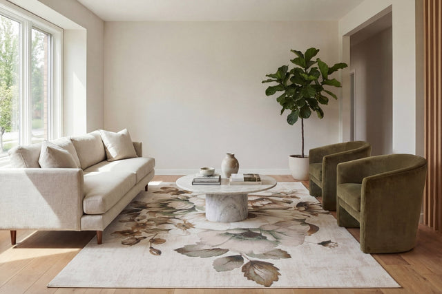Contemporary rectangular area rug in cream with multi-color botanical pattern