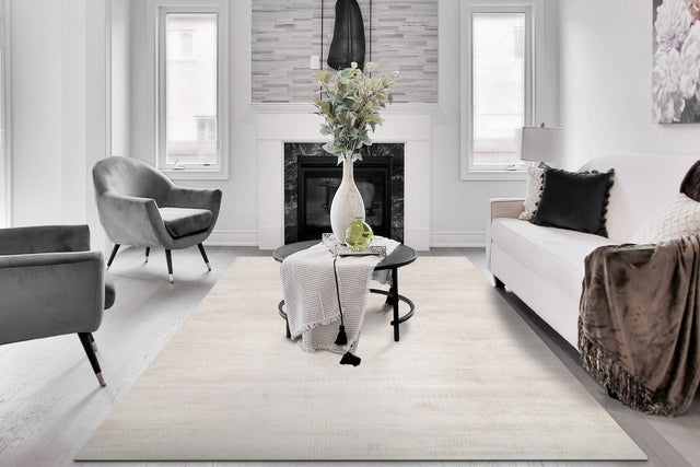 Modern beige and grey area rug with subtle pattern, rectangle