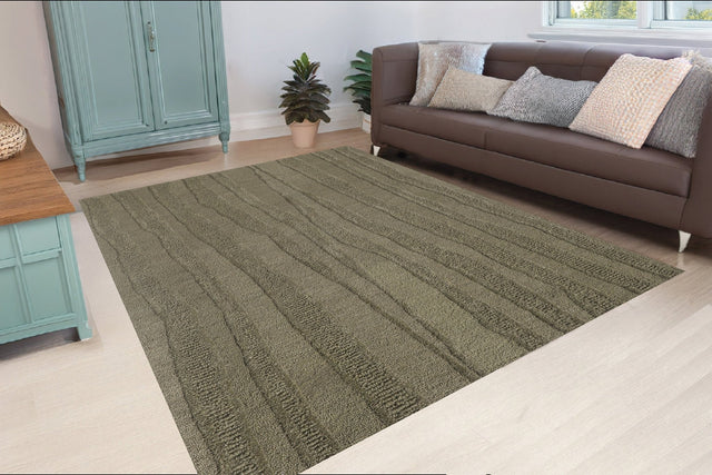 Rectangle handmade modern green rug with subtle linear pattern