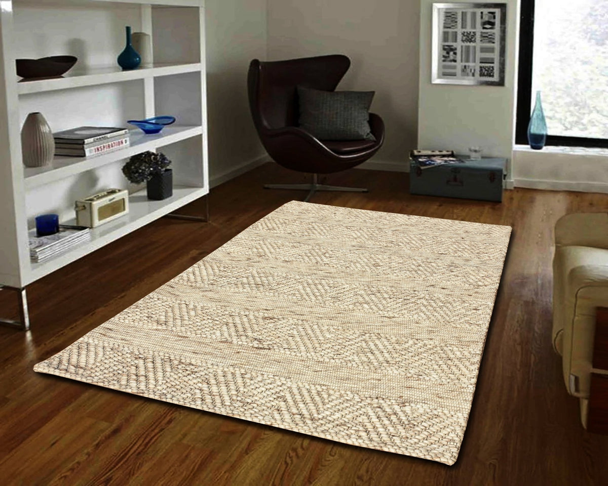 Beige rectangular modern rug with subtle geometric woven pattern