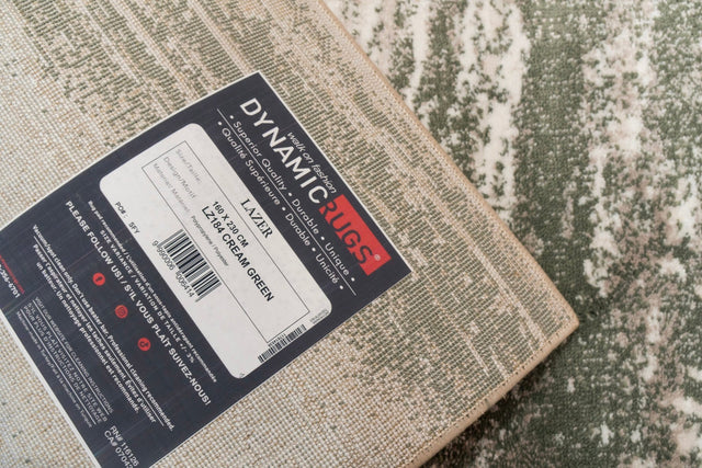 Modern abstract rug with cream and green flecked pattern, rectangular edge
