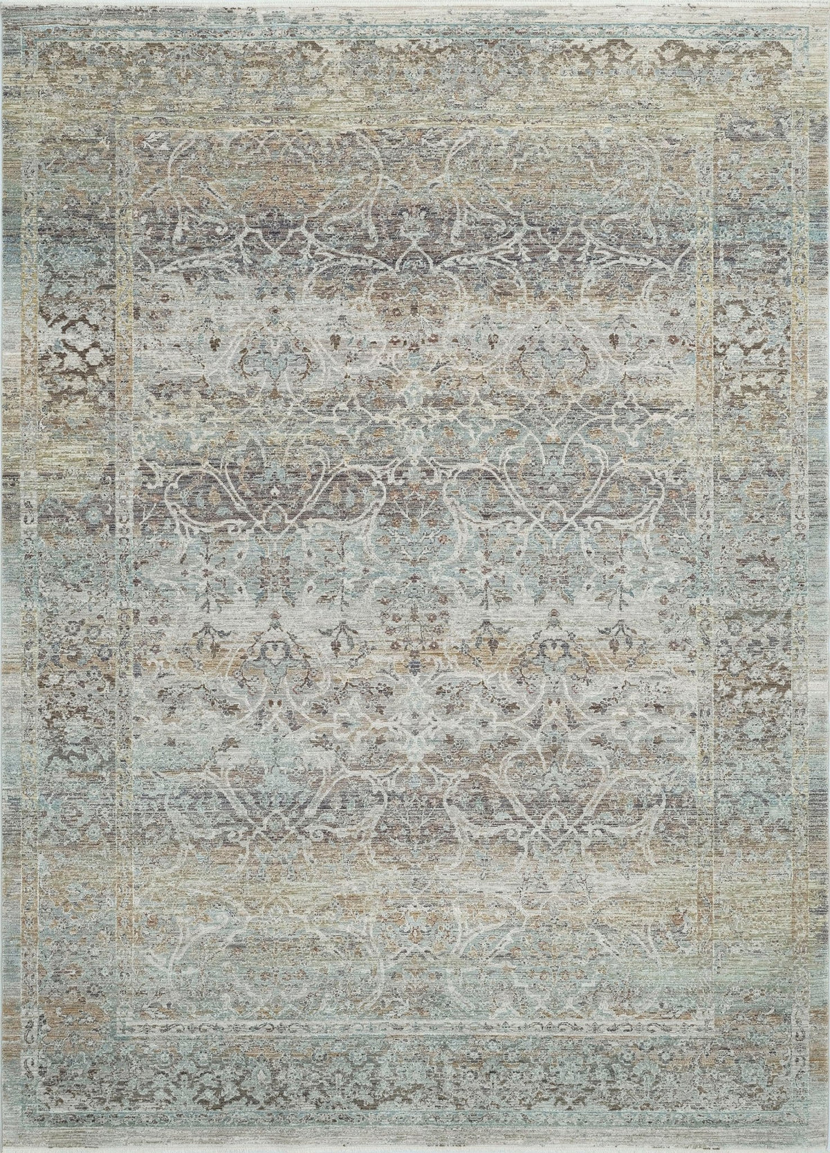 Transitional area rug with ornate medallion distressed pattern in beige and muted blue