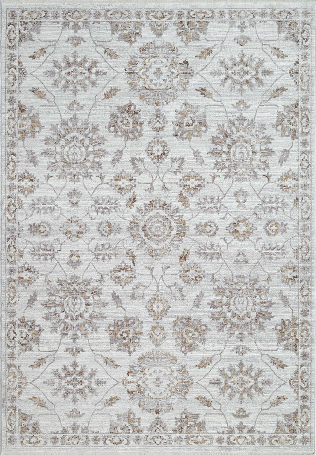Traditional silver-toned area rug with ornate medallion and border pattern, light grey