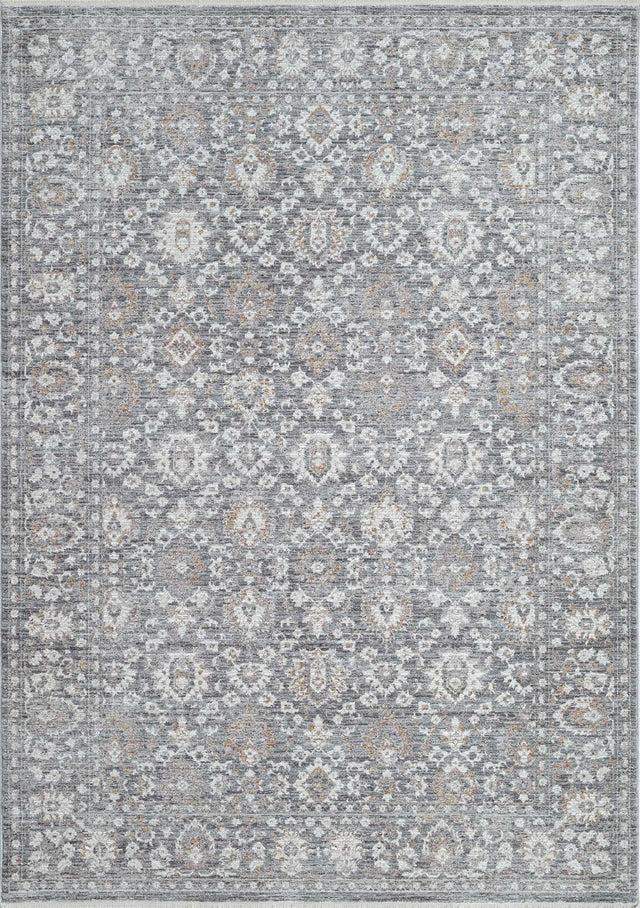 Traditional rectangle rug with dark grey and silver geometric medallion pattern