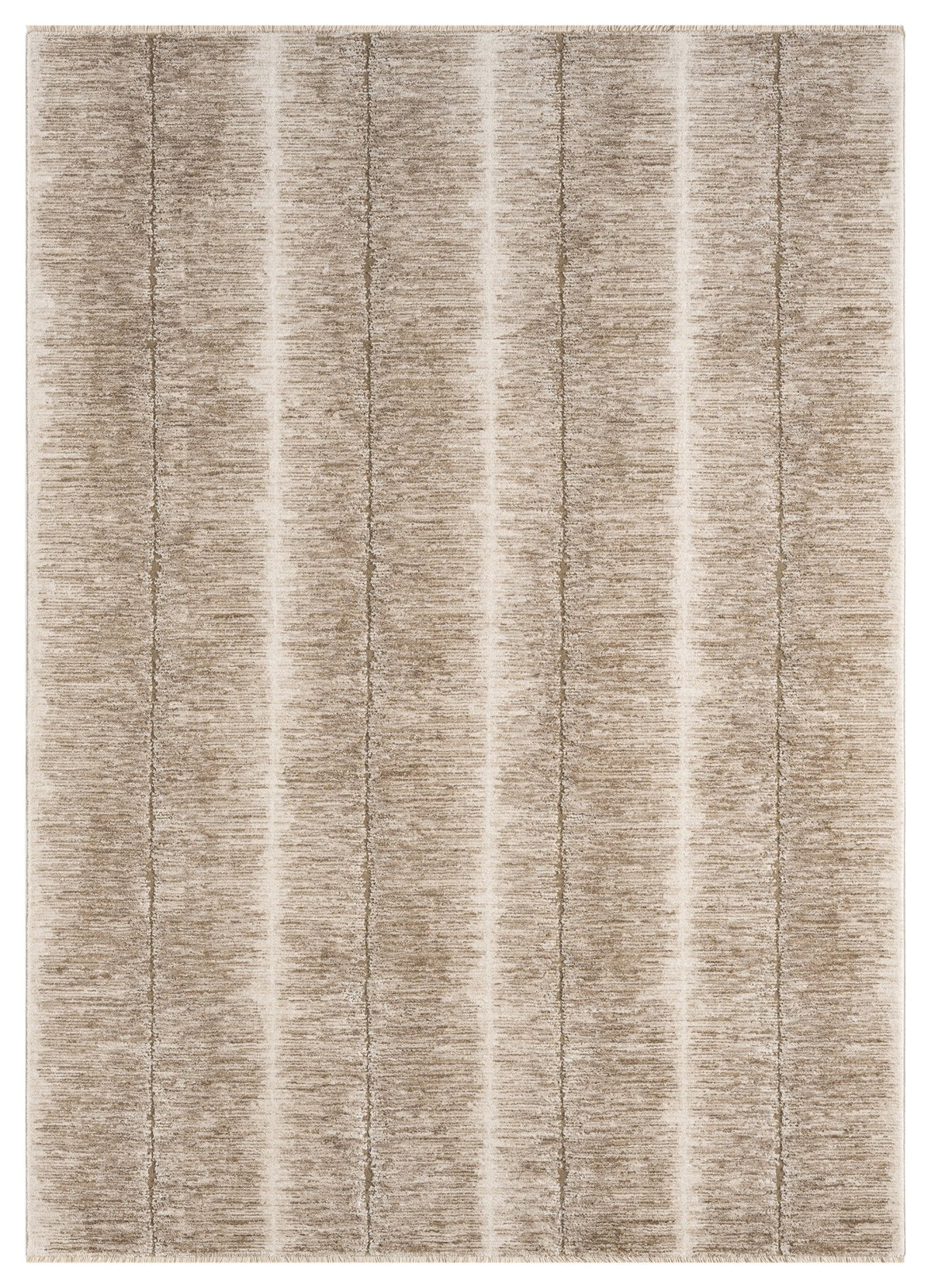 Modern beige rectangular power-loomed rug with vertical abstract stripe pattern, textured pile.