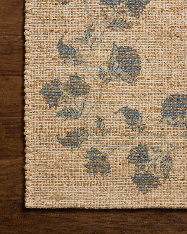 Chris Loves Julia x Loloi Rue RUE-05 Natural / Denim Rug - corner on wood
