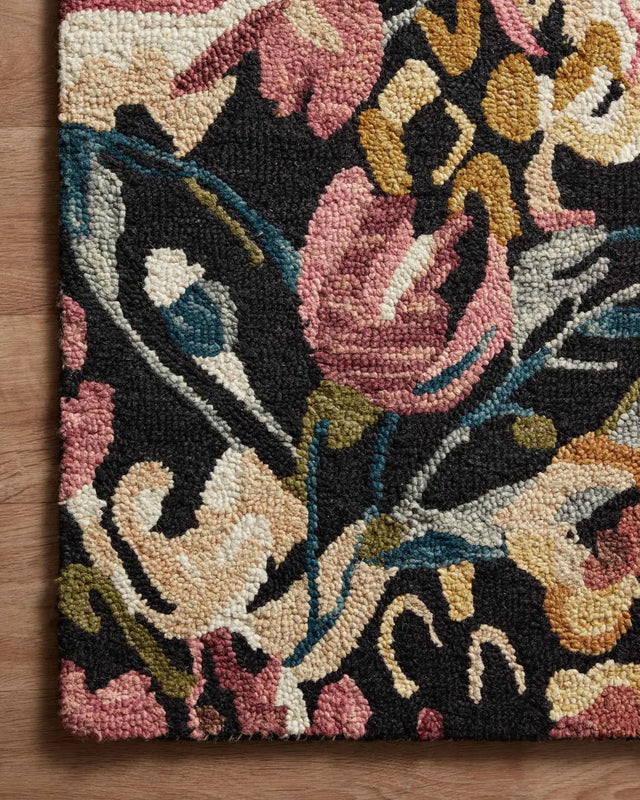 Loloi Belladonna Blm-01 Black/Berry Rug - corner on wood