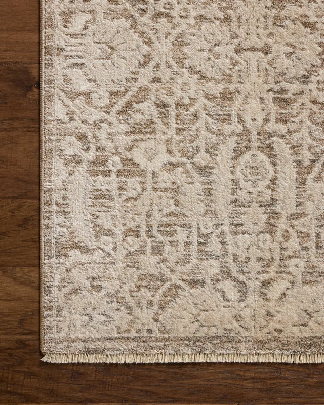 Loloi Clarisse CLS-06 Traditional Power Loomed Fog, Bone Rug - corner on wood