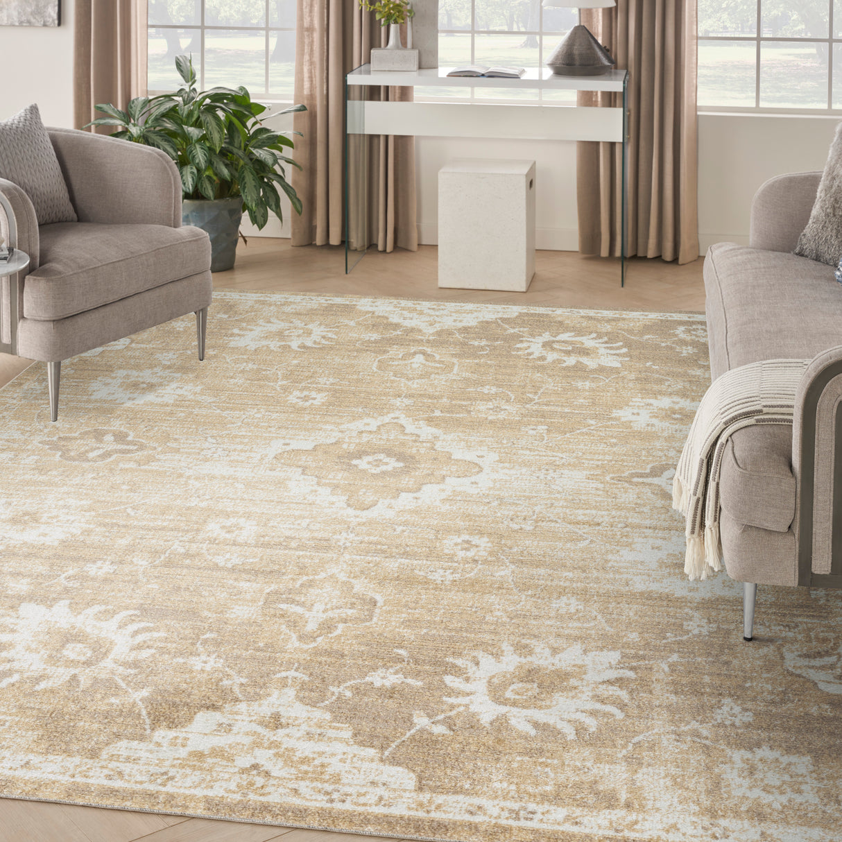 Nourison Astra Machine Washable ASW19 Machine Made Ivory, Gold Rug