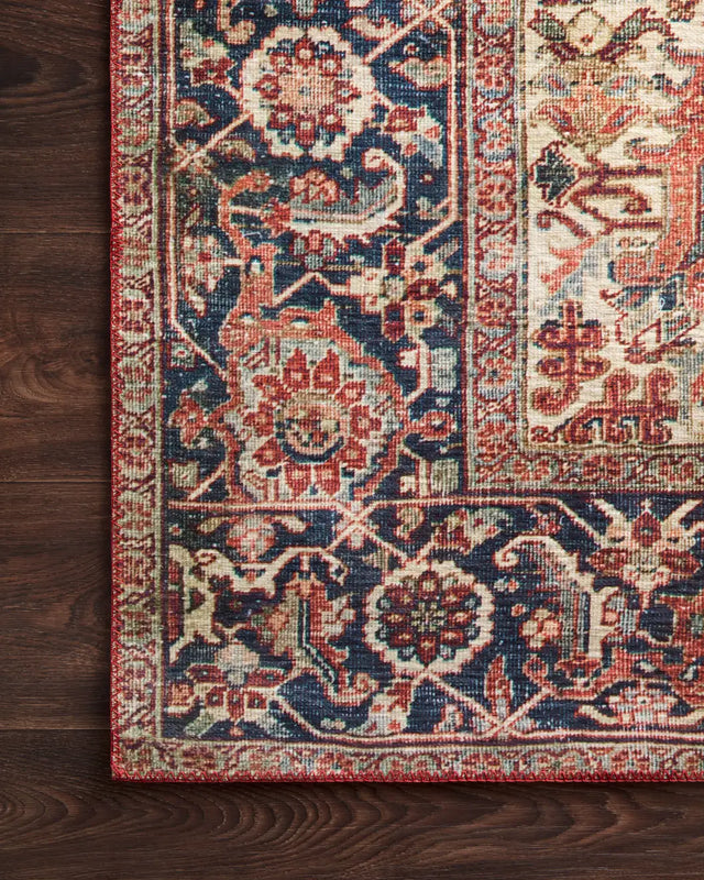 Loloi Layla Lay-08 Red / Navy Rugs - corner on wood