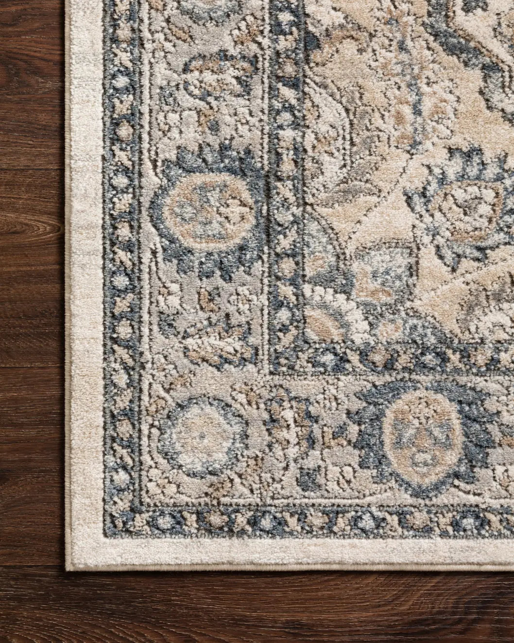 Loloi Teagan Tea-01 Natural/Lt. Grey Rugs - corner on wood
