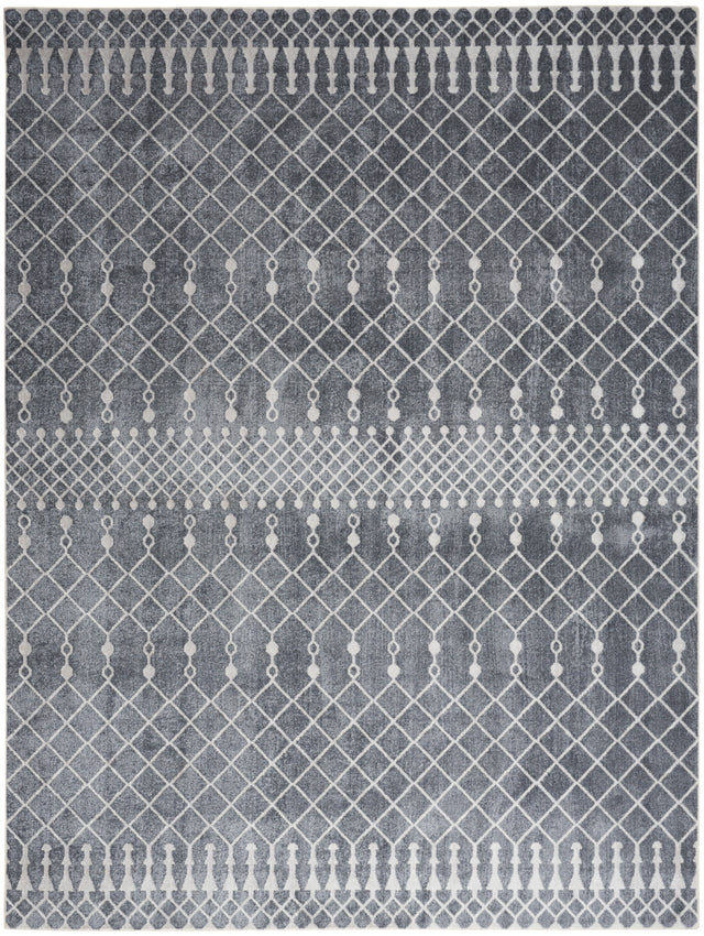 Denim blue geometric rug with lattice pattern and short tassel fringe