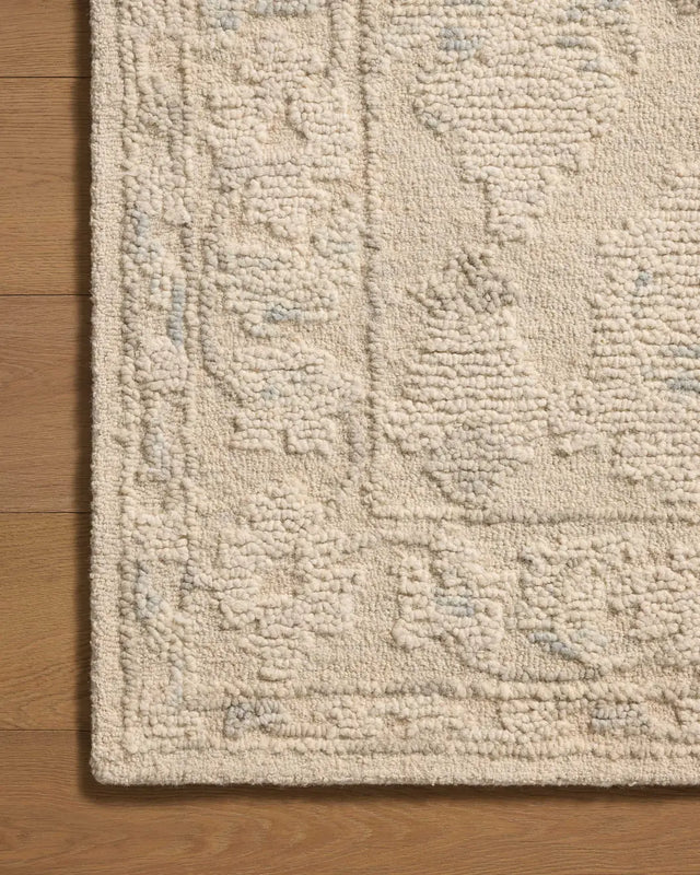 Loloi Cynthia CYN-02 Ivory / Sky Rug - corner on wood