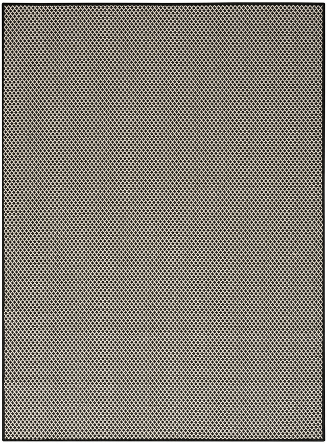 Black and white geometric trellis area rug with flat border