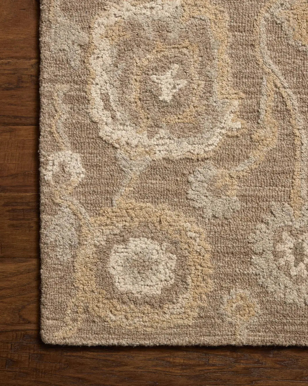 Chris Loves Julia x Loloi Dorothea DRT-01 Bark / Stone Rug - corner on wood