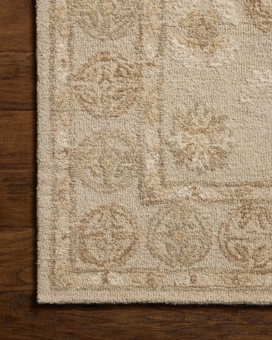 Chris Loves Julia x Loloi Dorothea DRT-03 Dove / Natural Rug - corner on wood