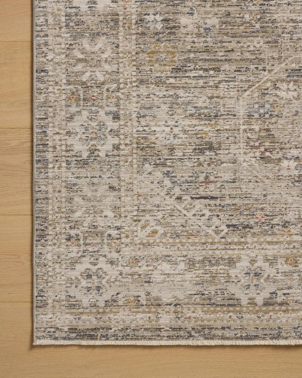 Chris Loves Julia x Loloi Ida IDA-01 Taupe / Multi Rug - corner on wood