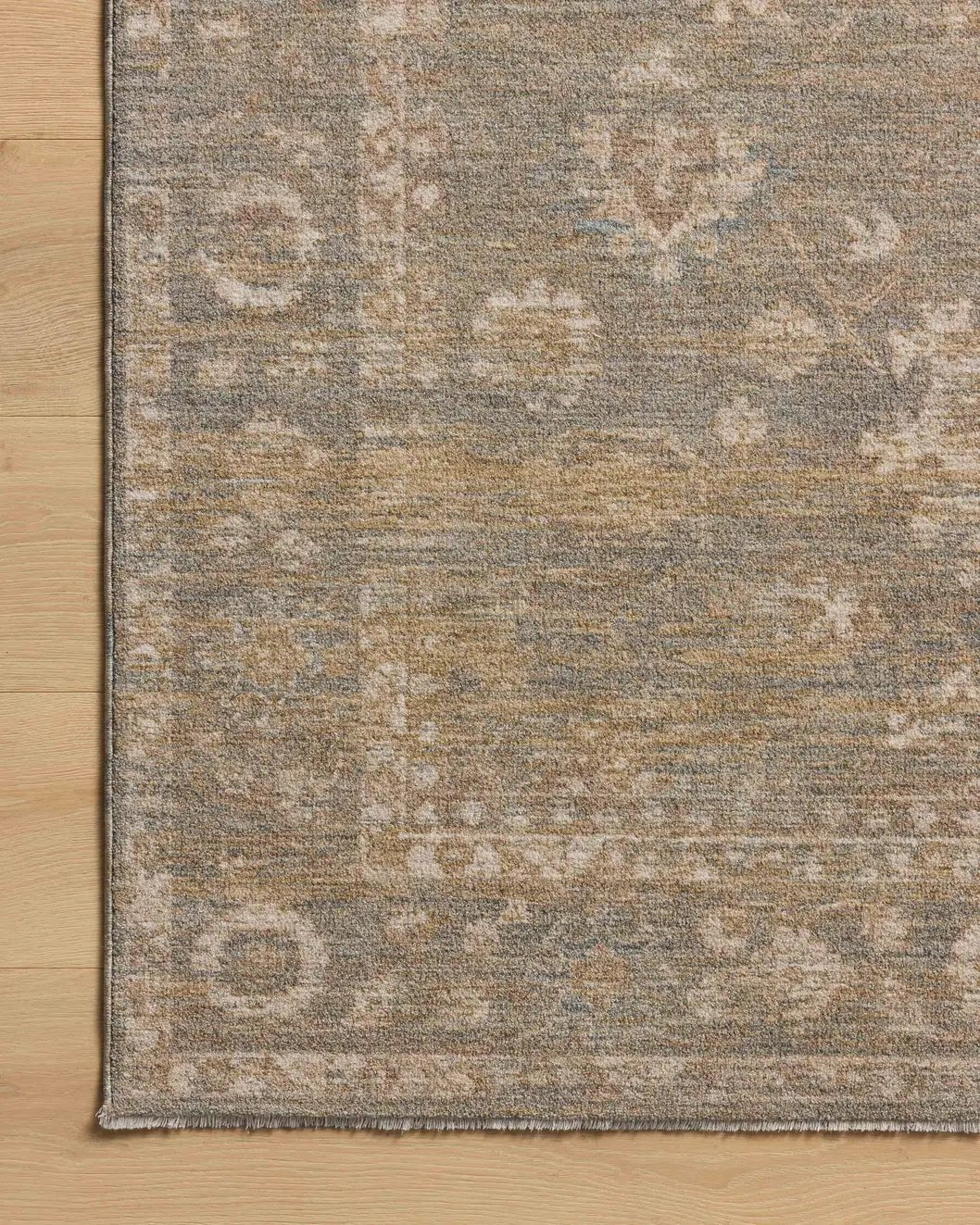 Chris Loves Julia x Loloi Louisa LOI-04 Lagoon / Ivory Rug - corner on wood
