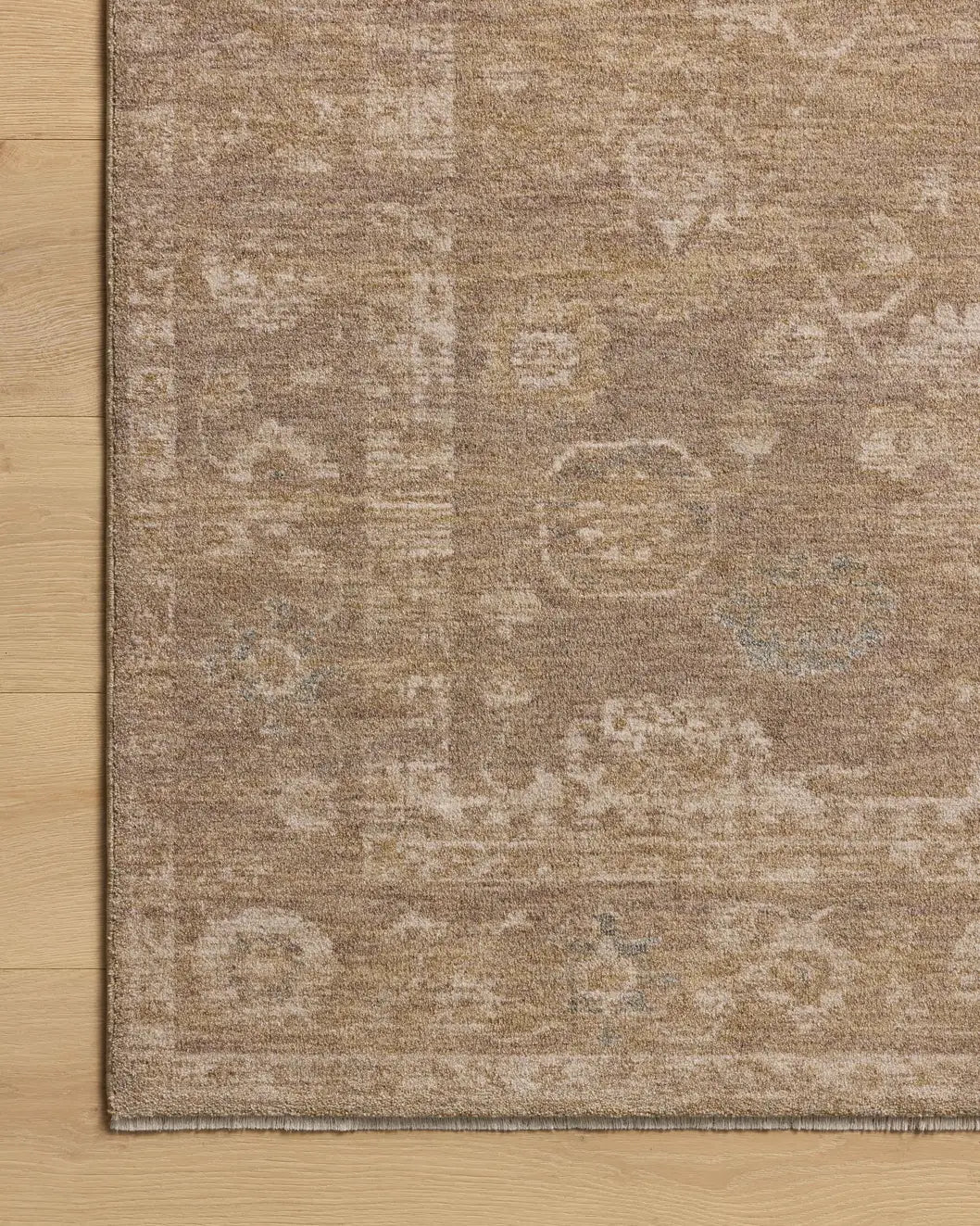 Chris Loves Julia x Loloi Louisa LOI-04 Taupe / Gold Rug - corner on wood