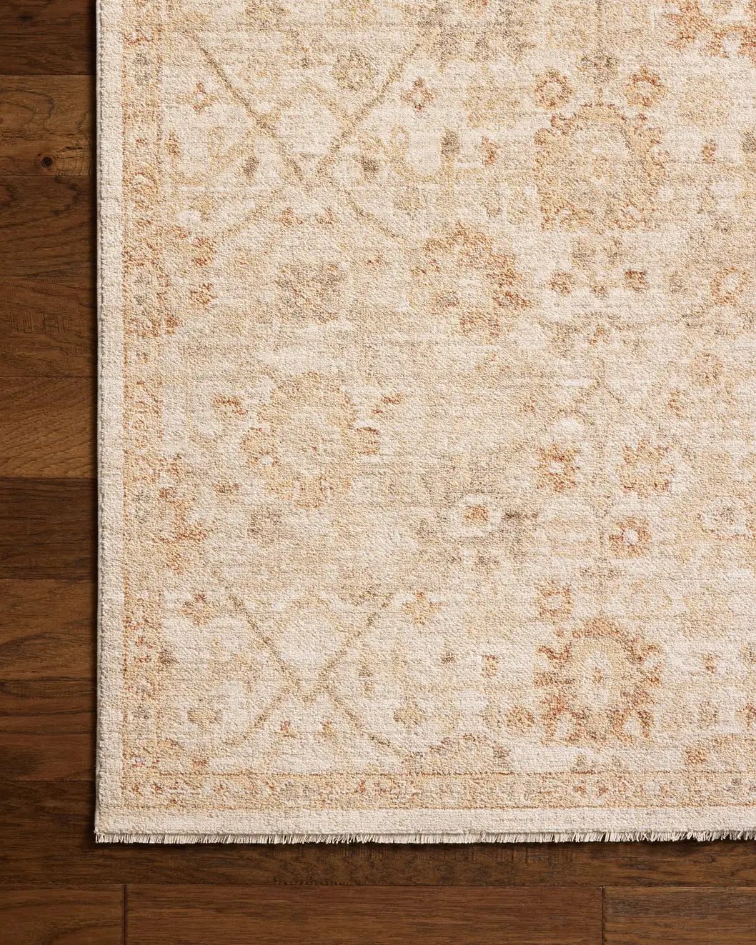 Chris Loves Julia x Loloi Palma PLM-04 Natural / Spice Rug - corner on wood