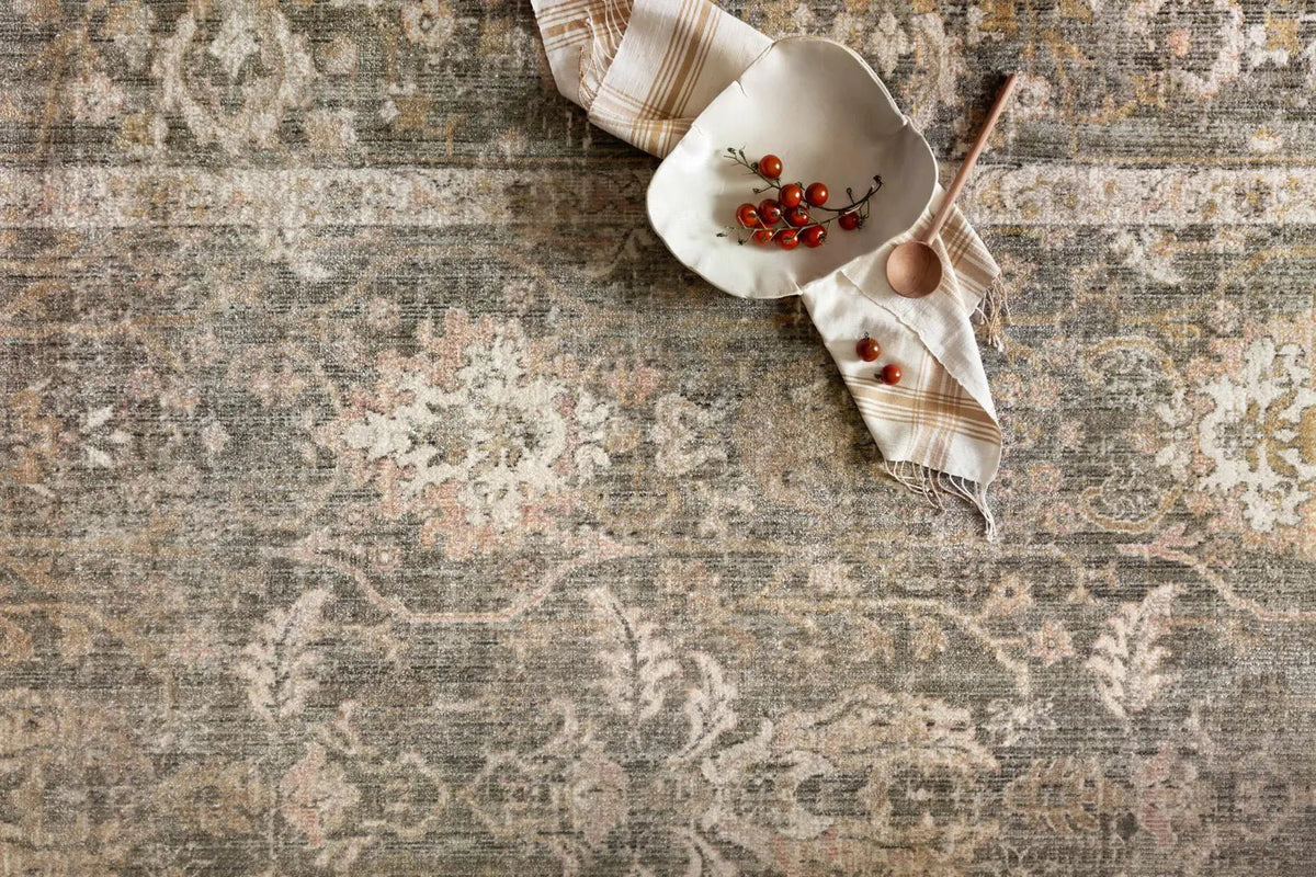 Chris Loves Julia x Loloi Rosemarie ROE-01 Sage / Blush Rug - styled aerial 1
