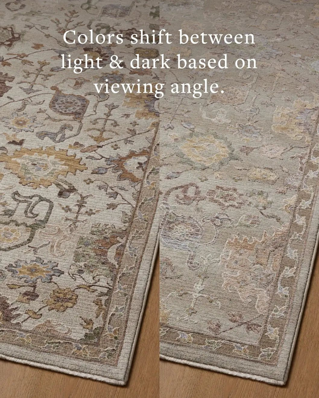 Loloi Aylin AYL-02 Fog / Plum Rug - angled corner on wood