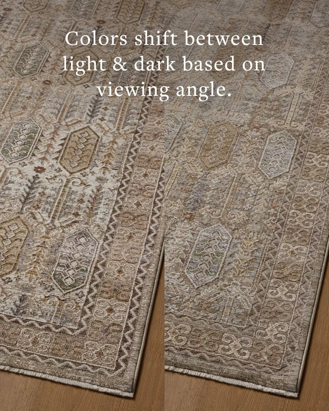 Loloi Aylin AYL-07 Taupe / Multi Rug - angled corner on wood