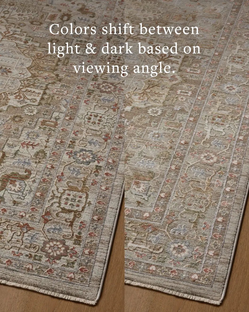 Loloi Aylin AYL-08 Mushroom / Fiesta Rug - angled corner on wood