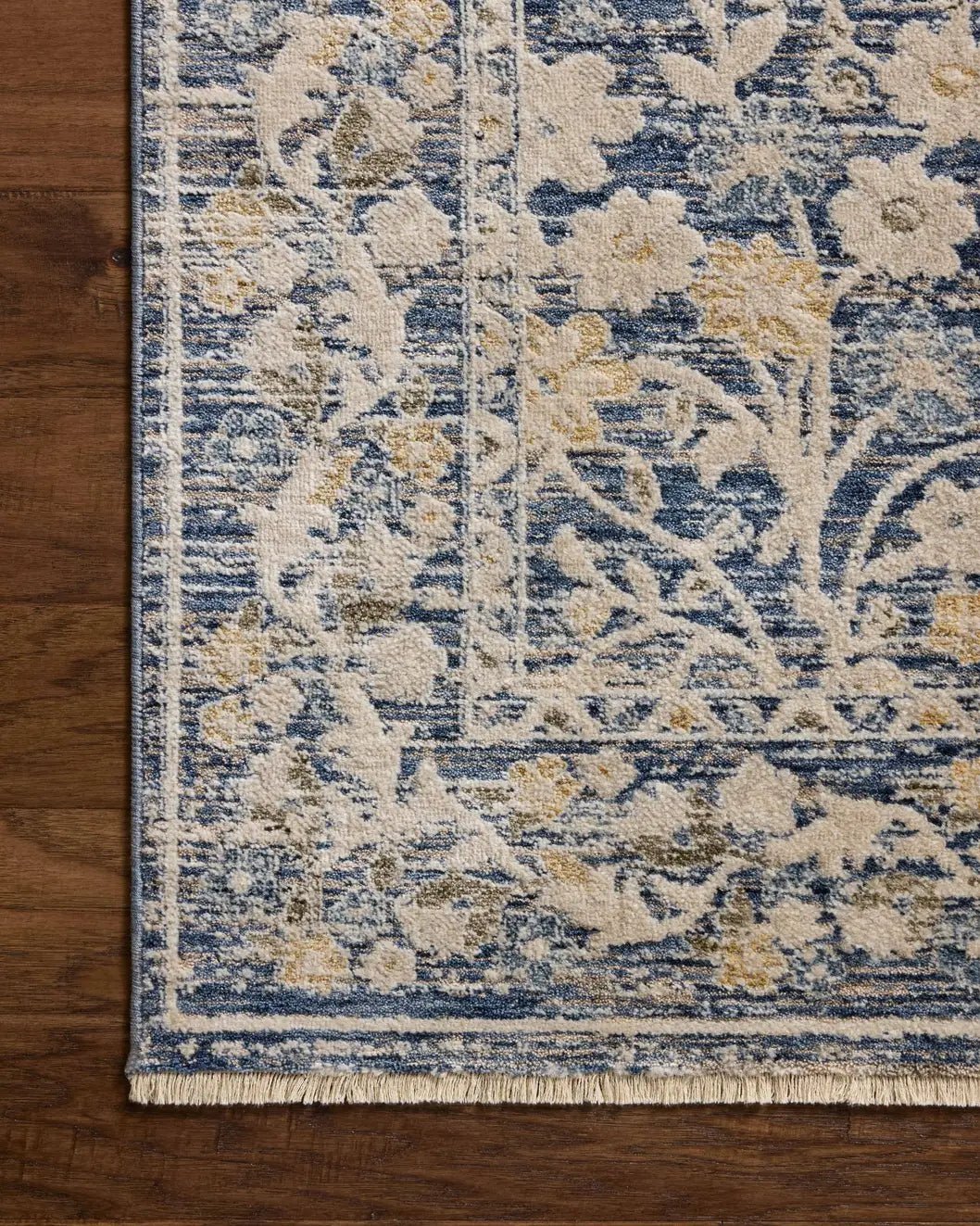 Loloi Clarisse CLS-05 Traditional Power Loomed Blue, Beige Rug - corner on wood