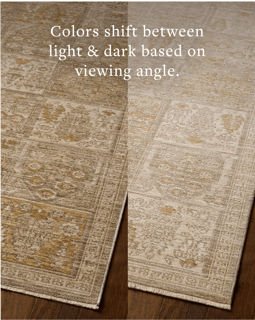 Loloi Elora ELR-07 Traditional Power Loomed Mushroom, Ochre Rug - angled corner on wood