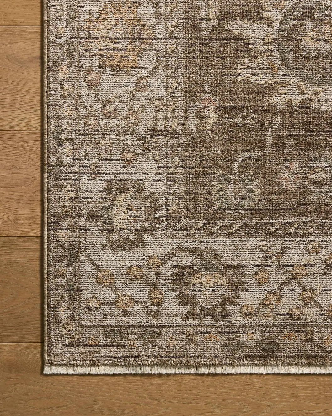 Loloi Priscilla PRL-01 Bark / Ivory Rug - corner on wood