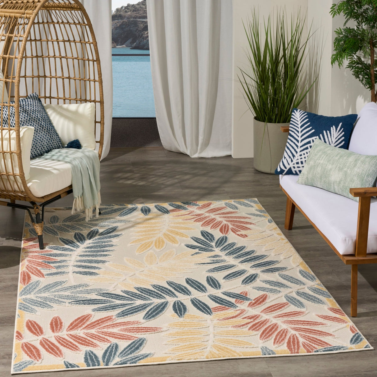 Nourison Aloha ALH18 Machine Made Ivory, Blue Rug