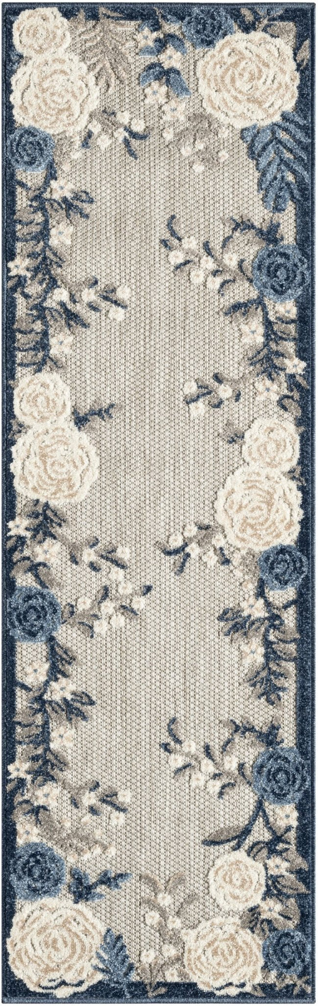 Nourison Aloha blue-gray and ivory rectangular rug with floral border and vine pattern