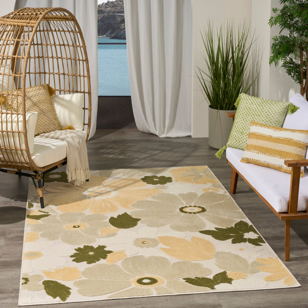 Nourison Aloha ALH42 Machine Made Ivory, Green Rug